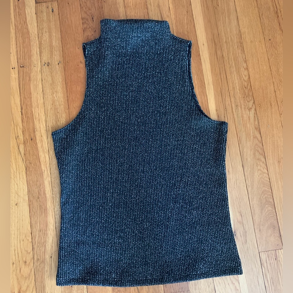 Divided Ribbed Sleeveless Mock Neck Tank - Charcoal
